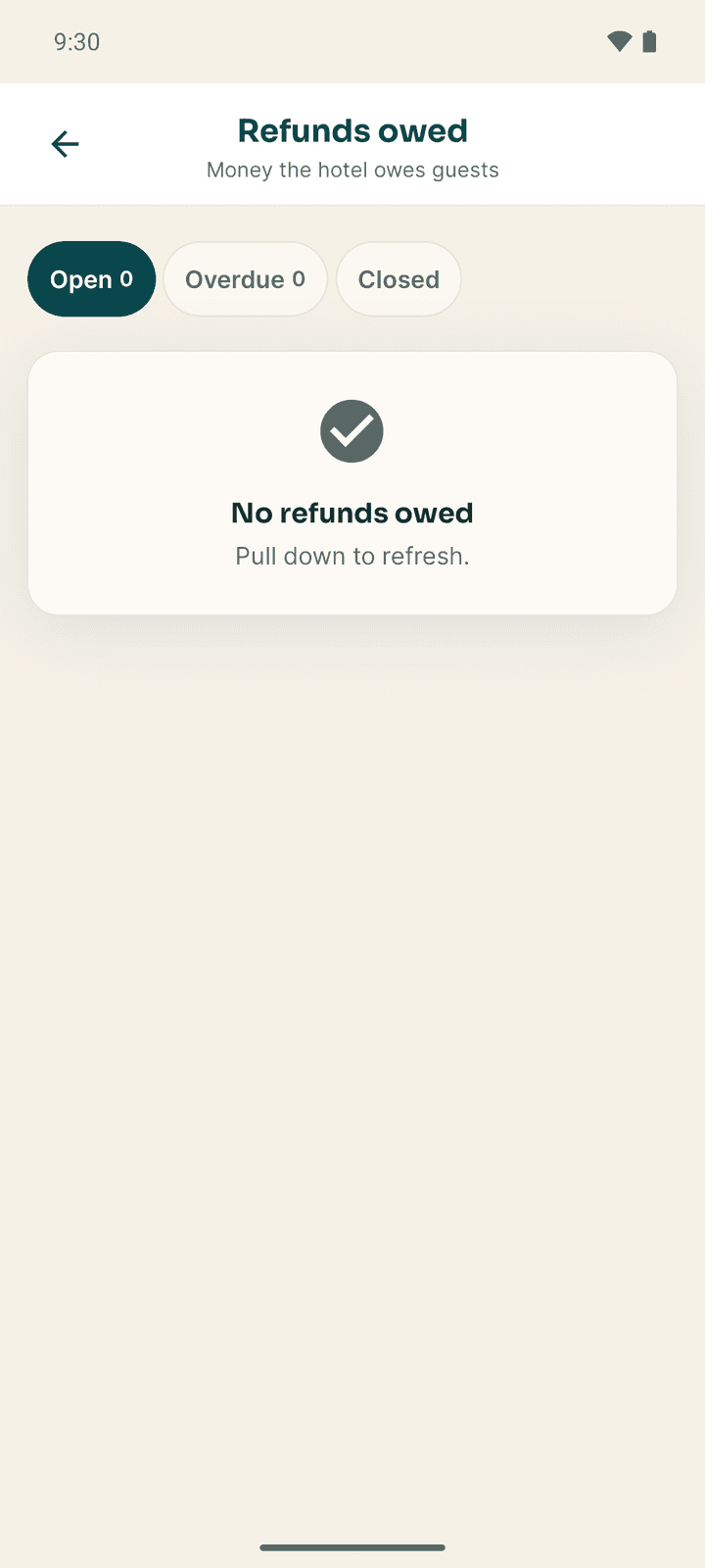 Refunds owed with the Open, Overdue and Closed tabs and no refunds owed