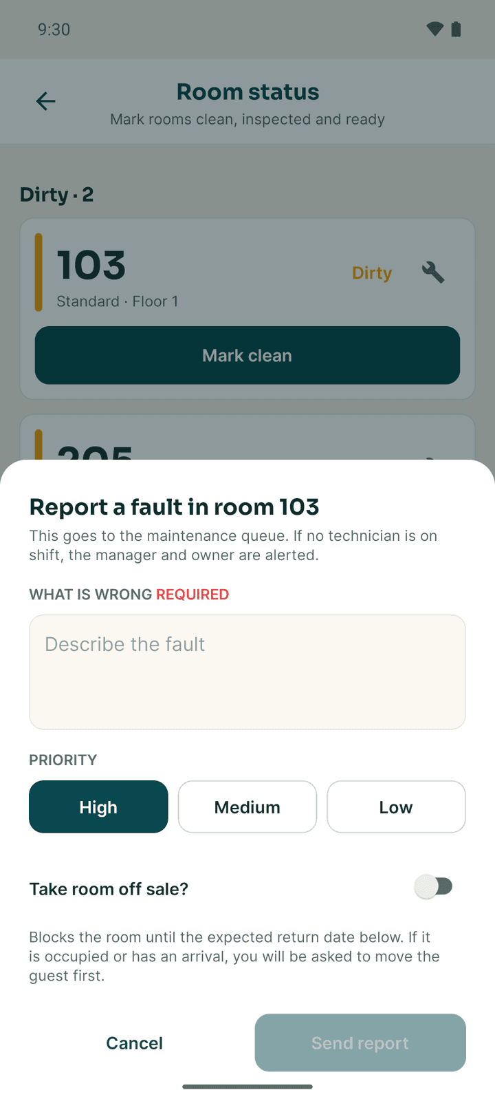 The Report a fault form with the description, priority and the take room off sale switch