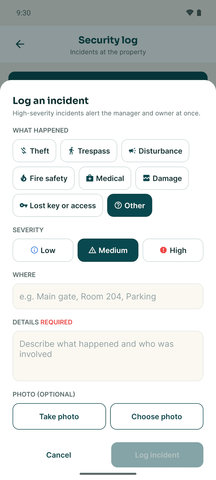 The Log an incident form with the incident types, severity, place and details