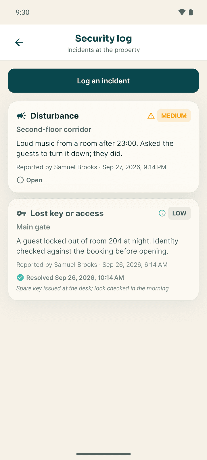 The Security log with the Log an incident button