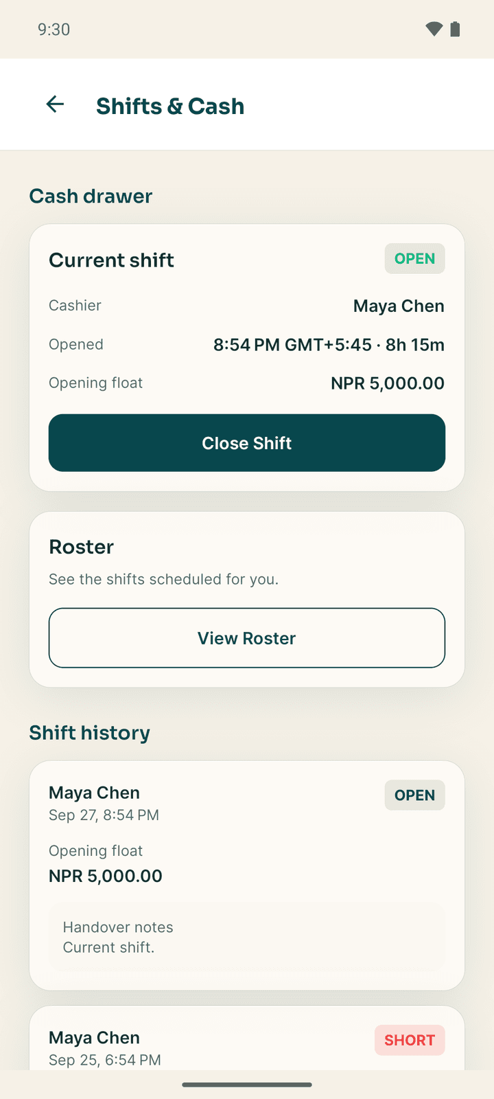 Shifts & Cash: the cash drawer, the roster card and the shift history