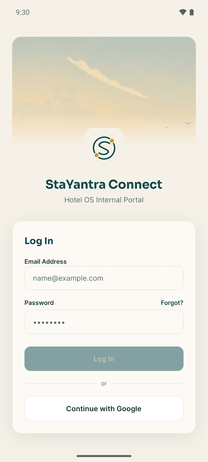 The Connect sign-in screen with the email and password fields, Log In and Continue with Google