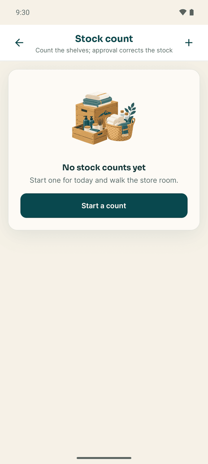 Stock count with the list of counts and Start a count