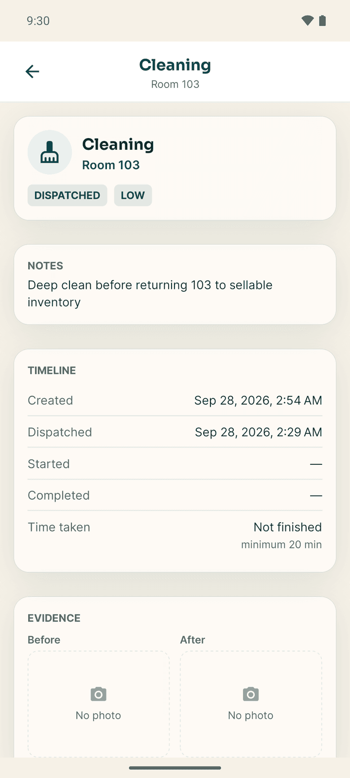 A task's details: status, priority, notes and the timeline