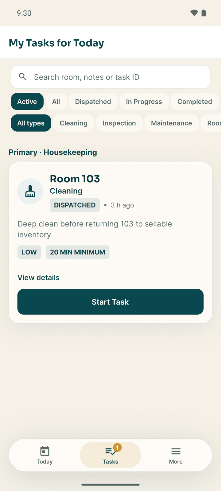 My Tasks for Today, with task cards showing the room, type, status, priority and a Start Task button