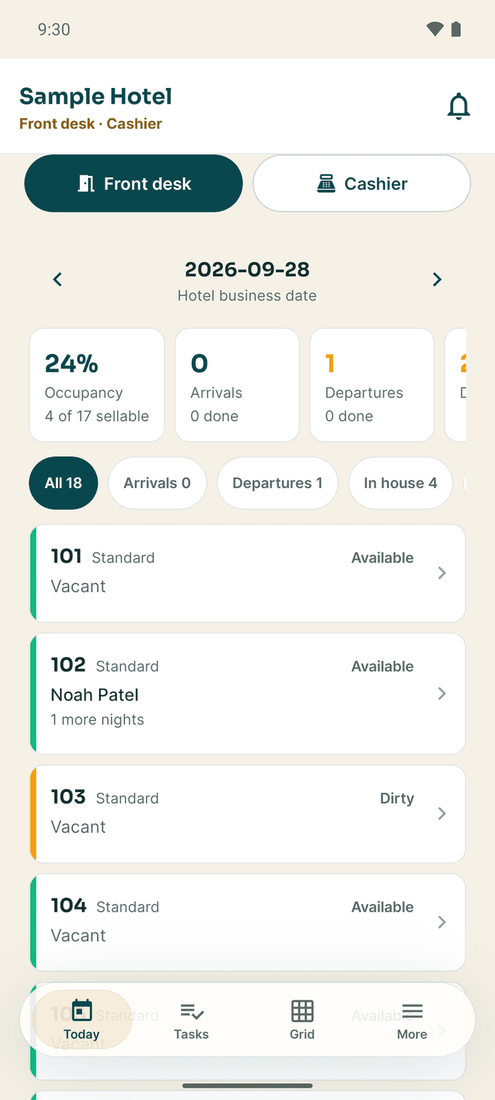The Today tab of a front-desk staff member: the business date, occupancy, arrivals and departures, and the room list