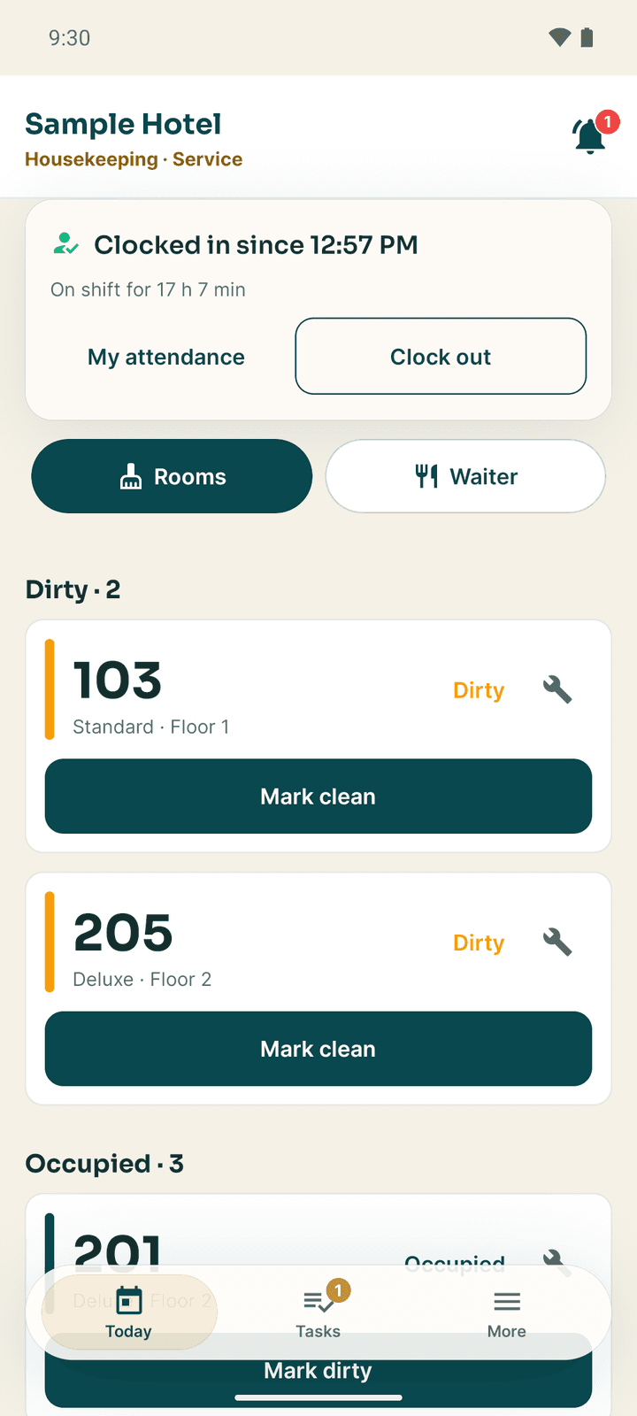 The Room status board, with dirty rooms at the top and a Mark clean button on each