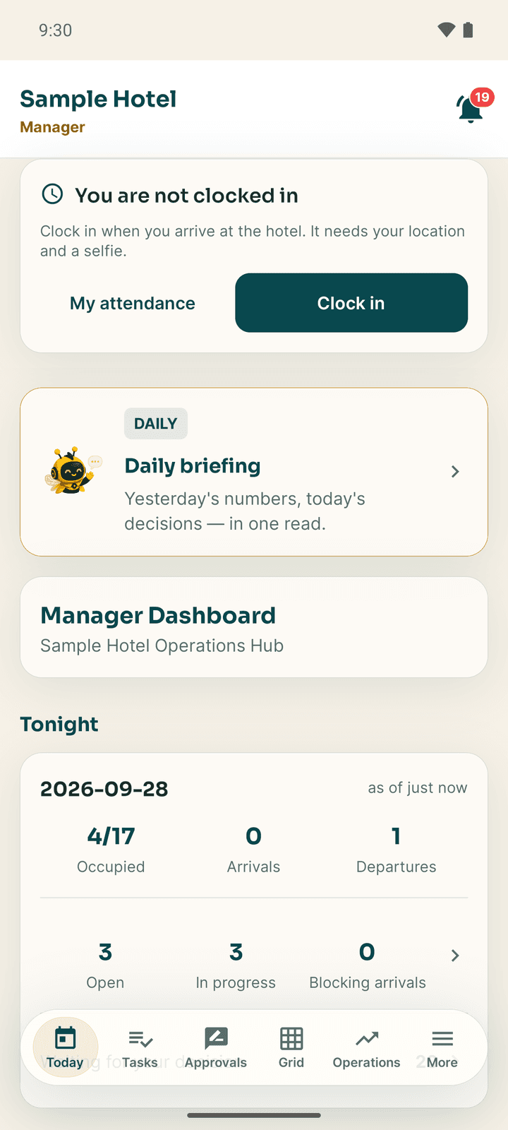The Today tab for a manager: the Manager Dashboard with tonight's figures and pending Exubee actions