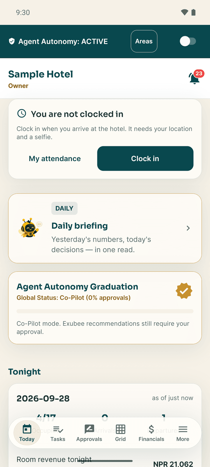 The owner's Today tab, with the Agent Autonomy bar at the top