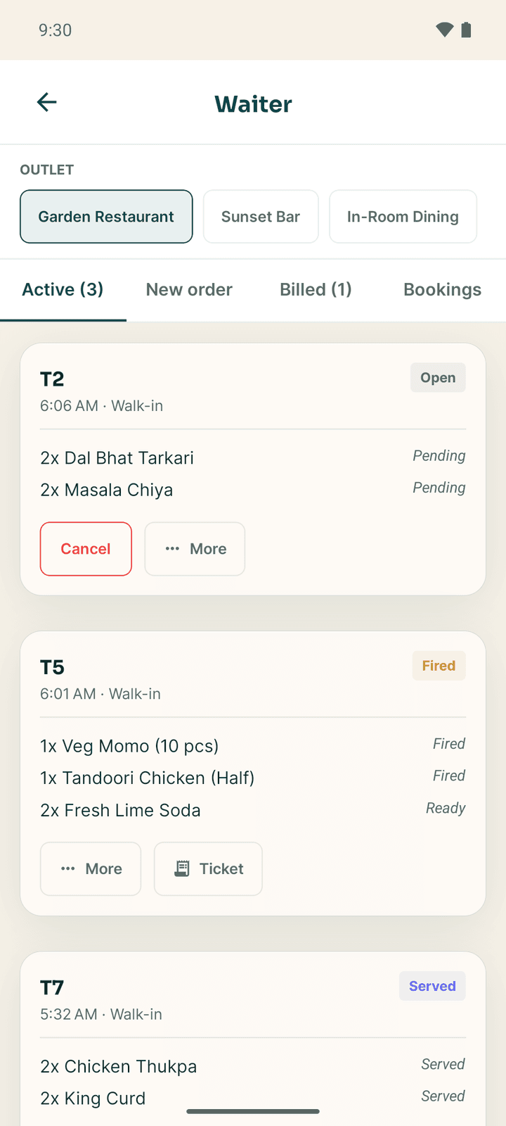 The waiter board on the Active tab with open orders and their buttons