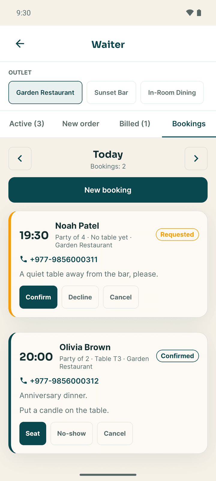 The Bookings tab on the waiter board
