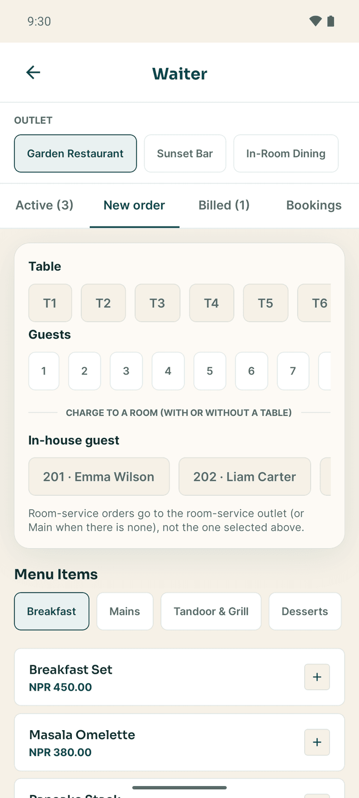 The New order tab: tables, guests, the in-house guest picker, and the menu with the order summary