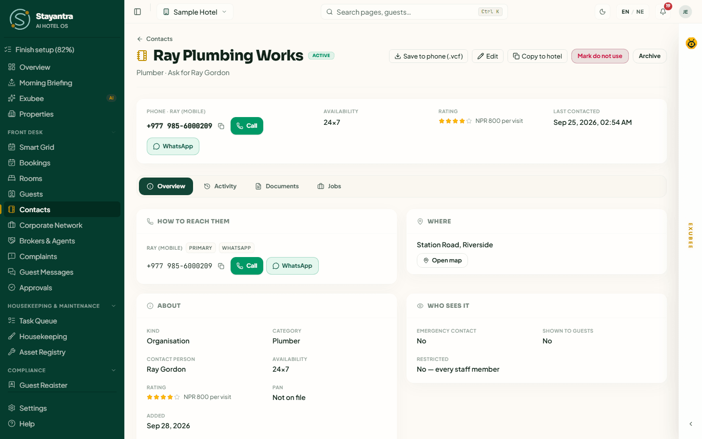 A contact's page with the quick facts and the tabs