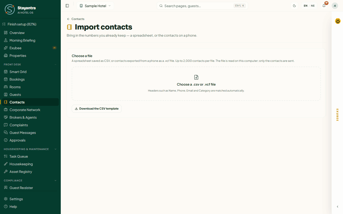 The Import contacts page with the CSV template link