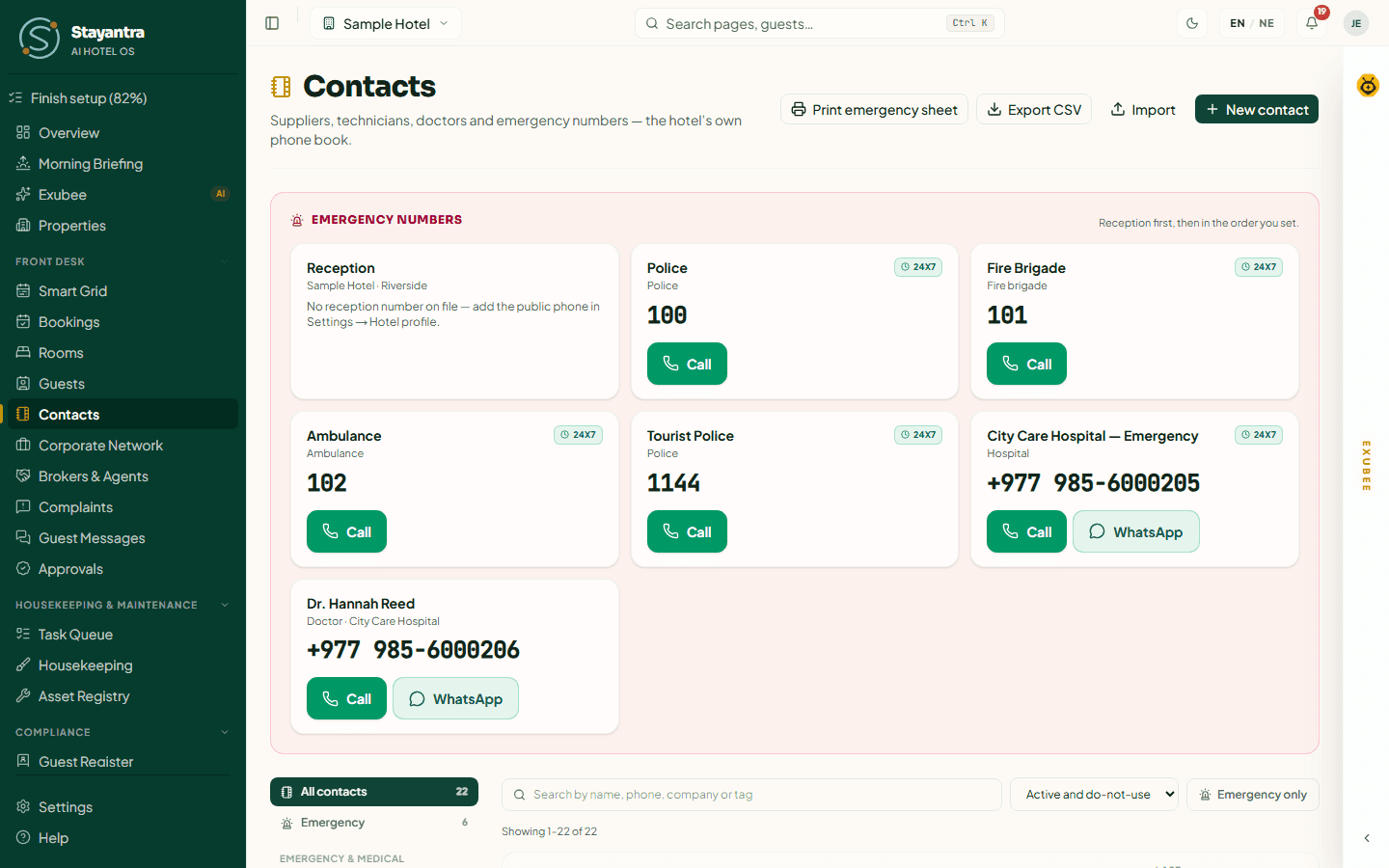 The Contacts page: emergency numbers at the top, categories on the left, the list on the right