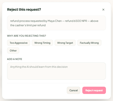The Reject this request? dialog with the reason chips