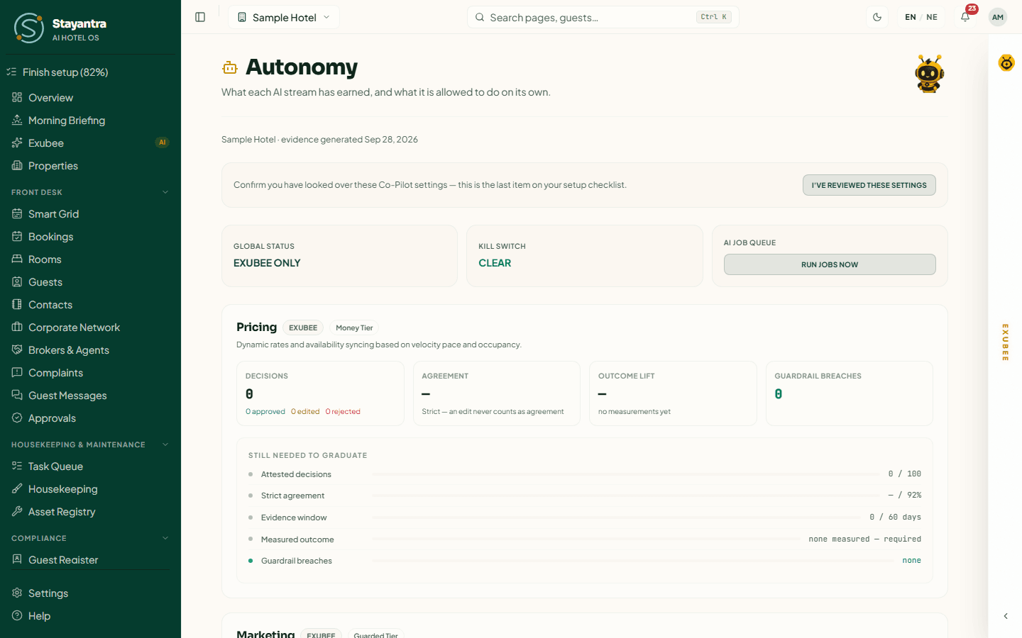 The Autonomy page with the global status, the kill switch state and the Pricing area's evidence