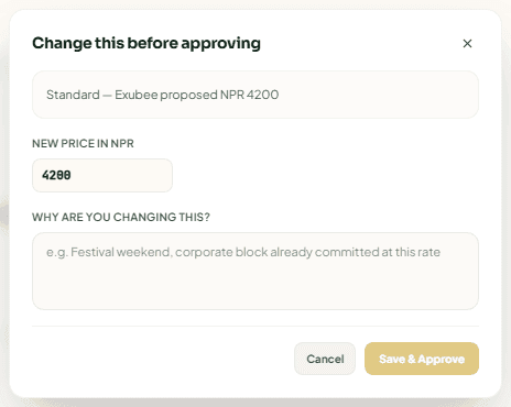 The Change this before approving dialog for a price suggestion