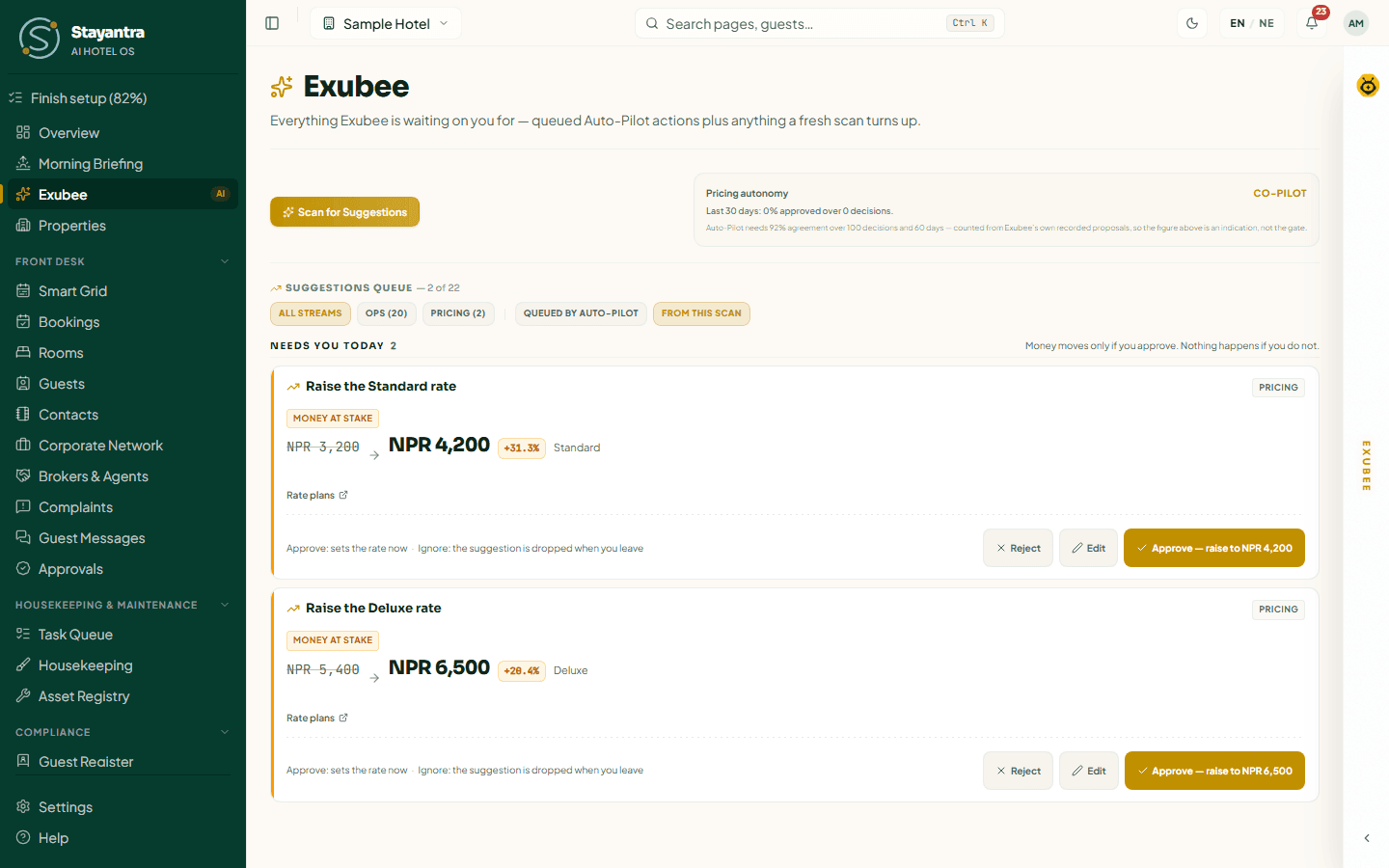 Two price suggestions from a scan, each with the old and new price and Exubee's reasoning