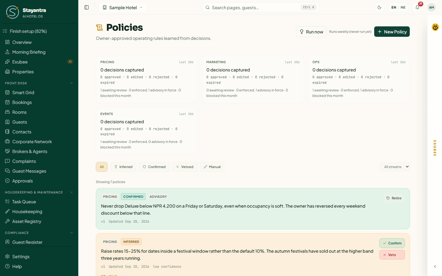 Policies with a confirmed pricing rule and an inferred one waiting for review