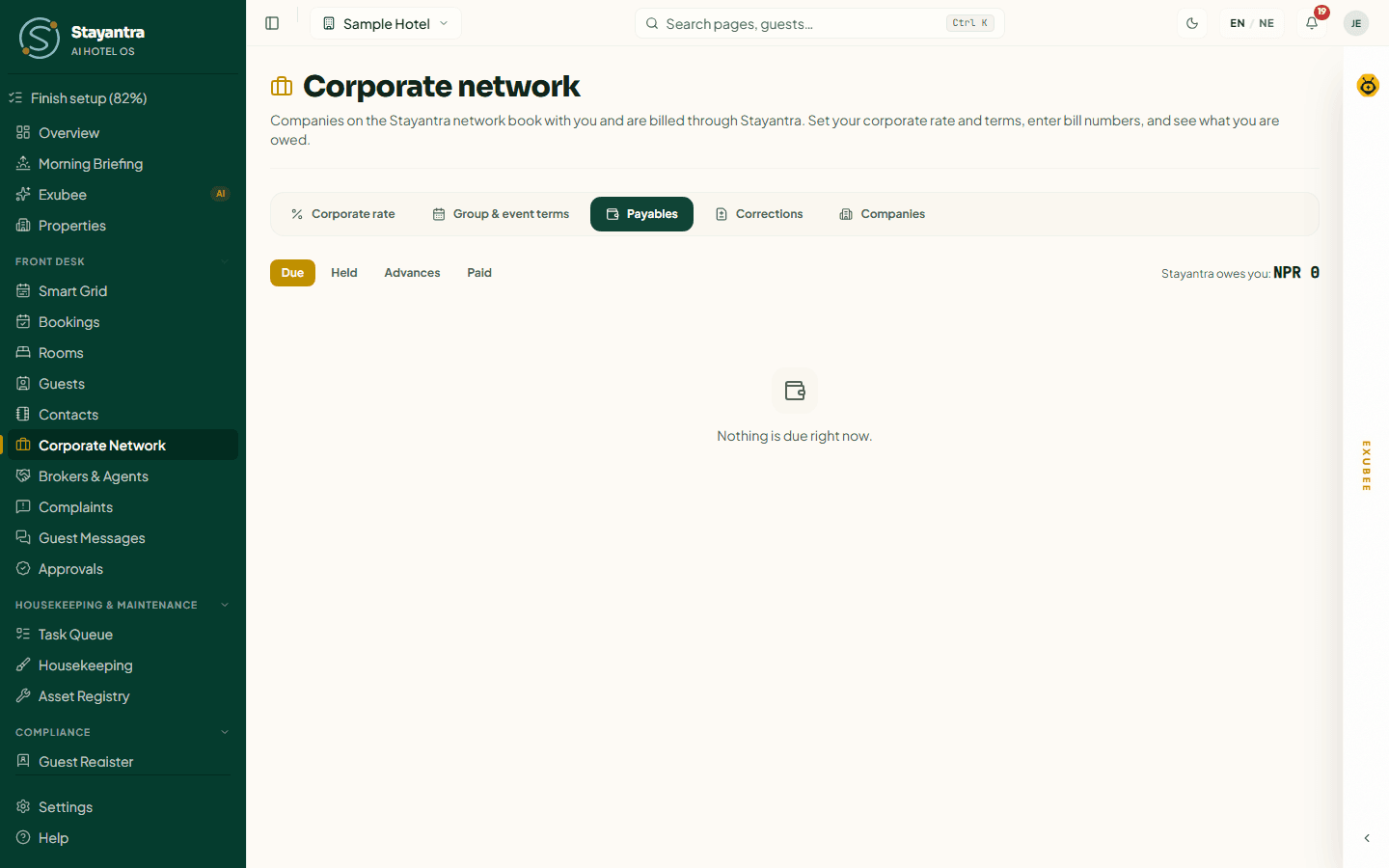 The Payables tab before any company has stayed: Due, Held, Advances, Paid and "Nothing is due right now."