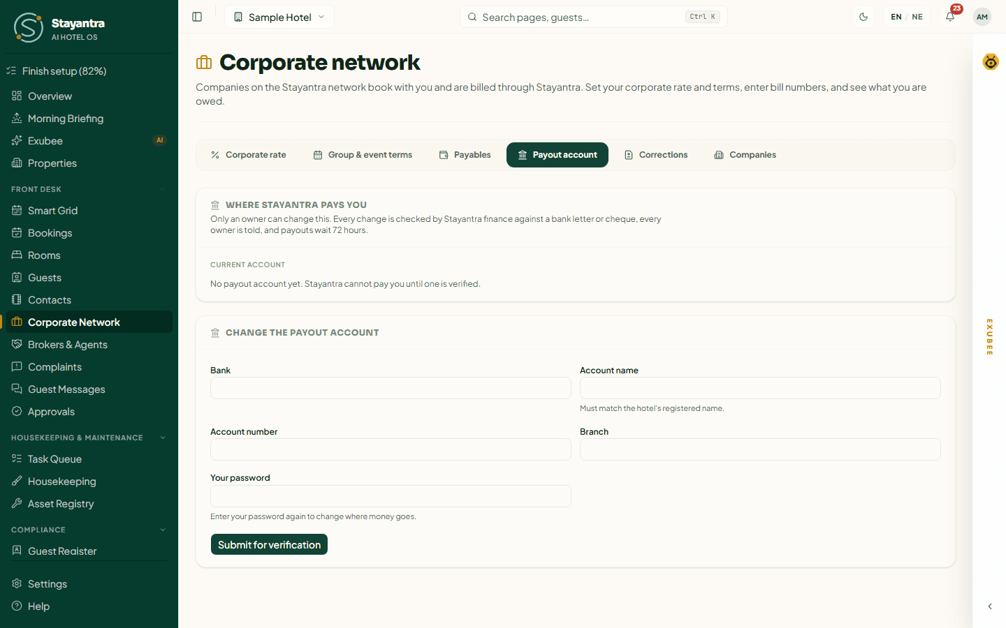 The Payout account tab