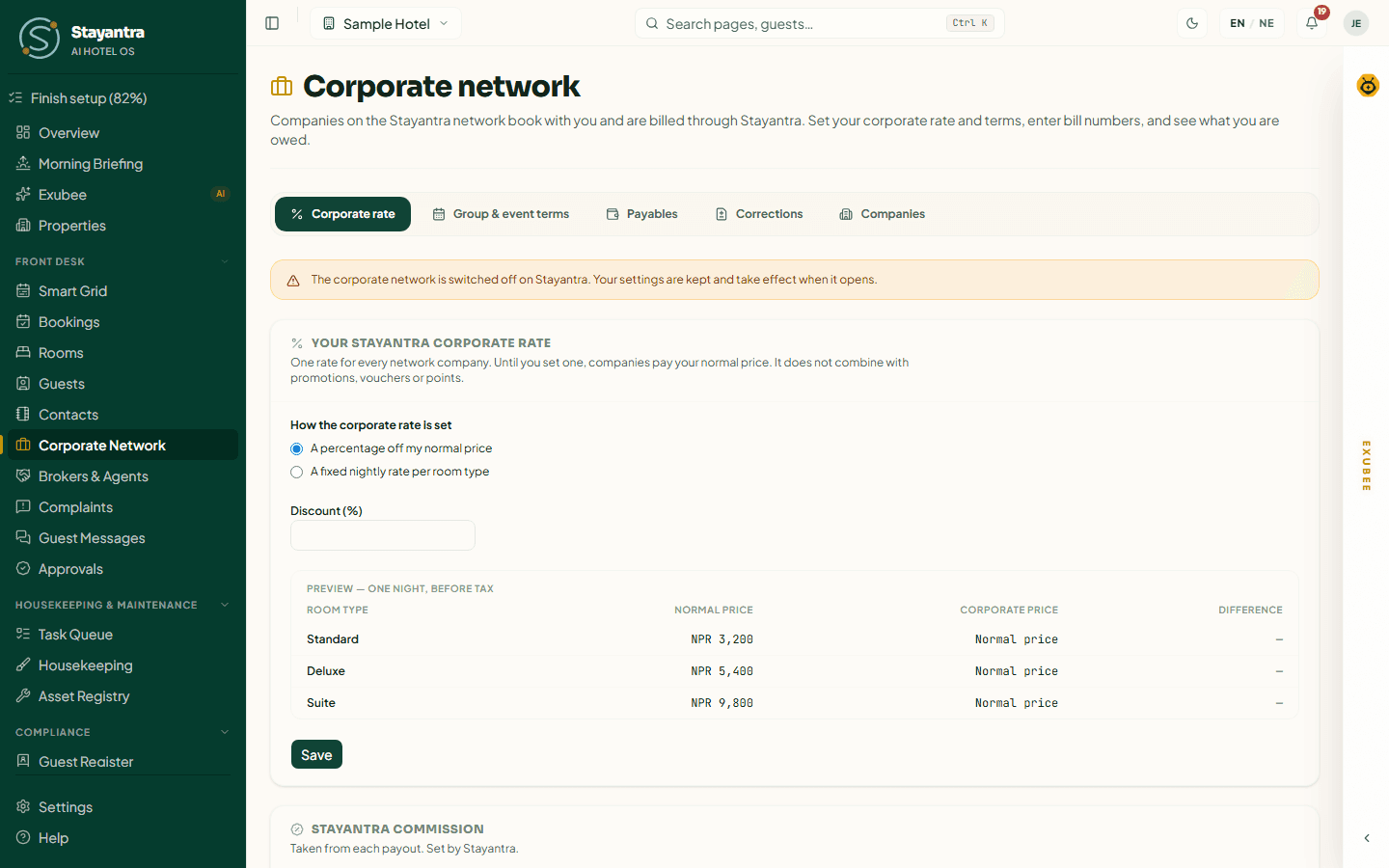 The Corporate rate tab with the preview of normal and corporate prices