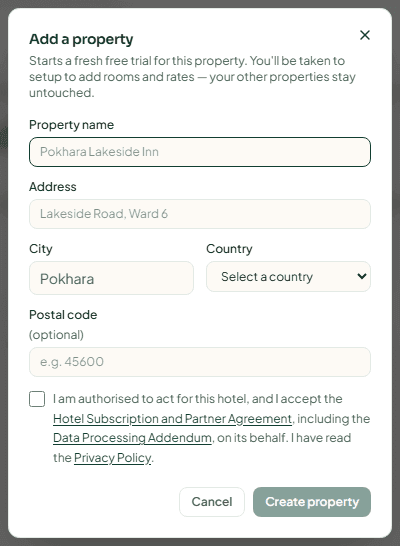 The Add a property form