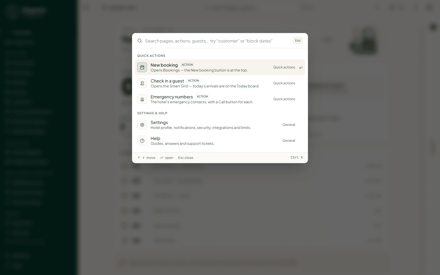 The search box open over the staff Overview, showing recent pages and quick actions