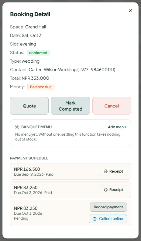 The Booking Detail dialog of a confirmed wedding with its payment schedule
