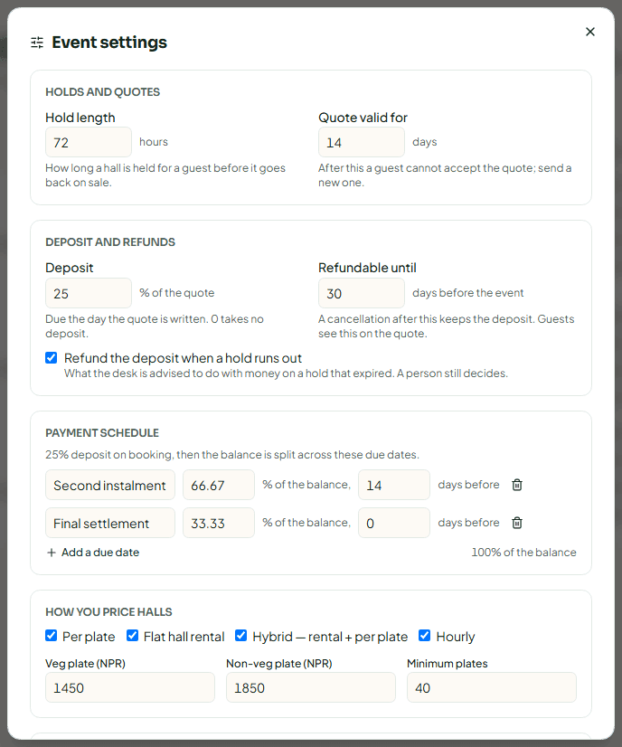 The Event settings dialog with holds, deposit, payment schedule and pricing