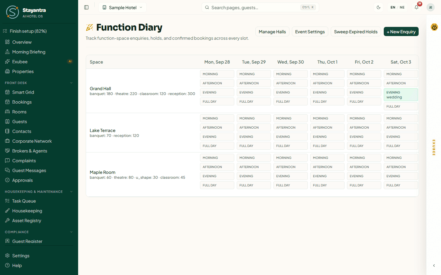 The Function Diary with halls down the side, two weeks across and bookings in their slots