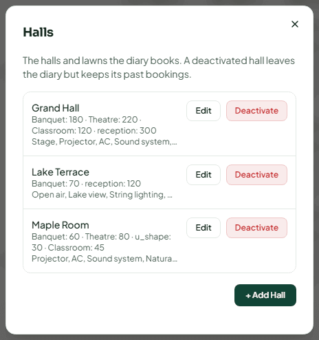 The Halls dialog listing three halls with their layout capacities