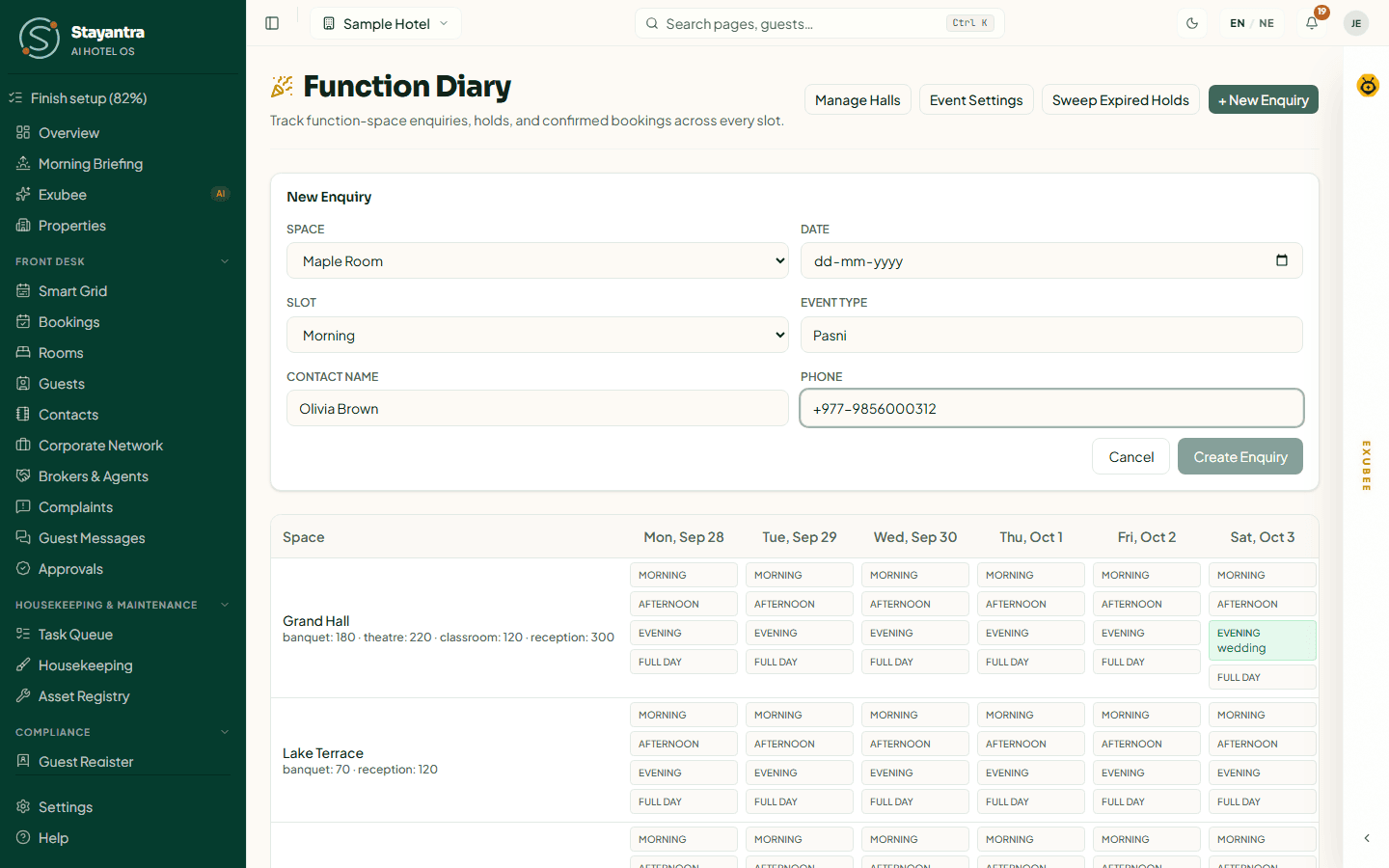 The New Enquiry form with space, date, slot, event type and contact