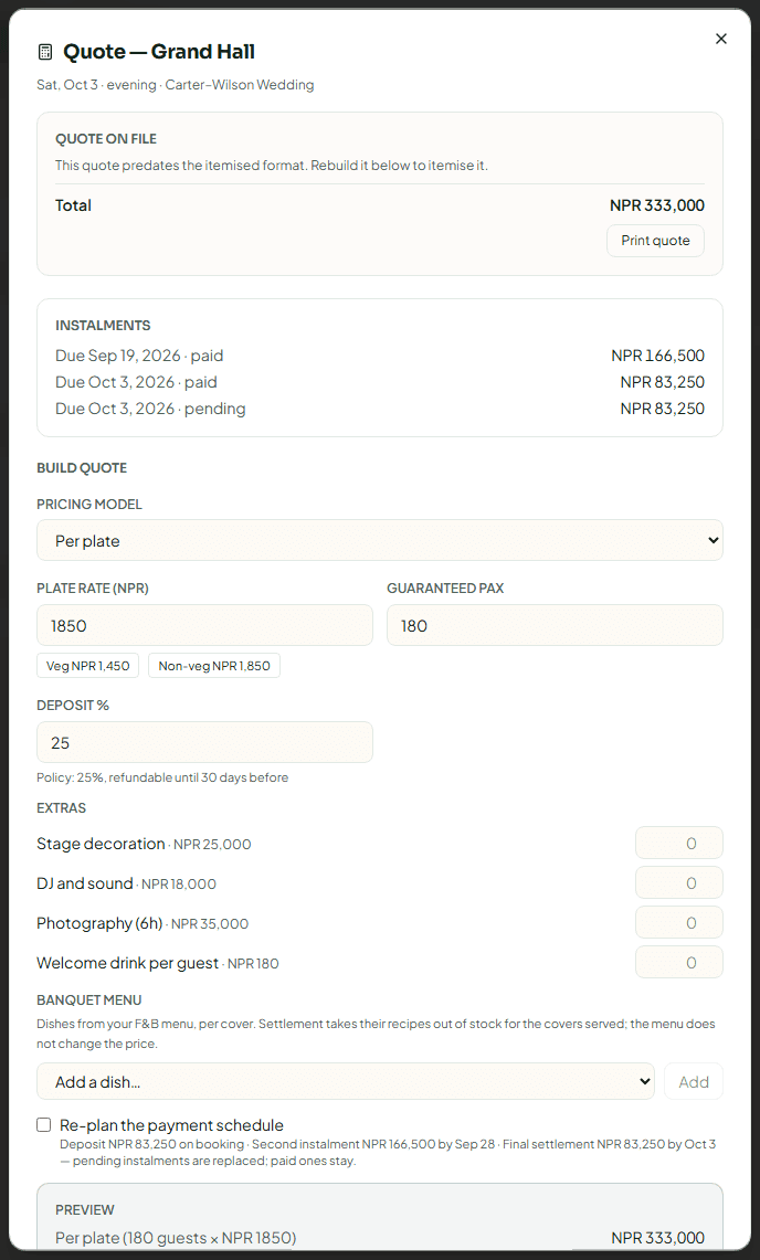 The quote dialog with pricing model, plates, extras and the payment schedule preview