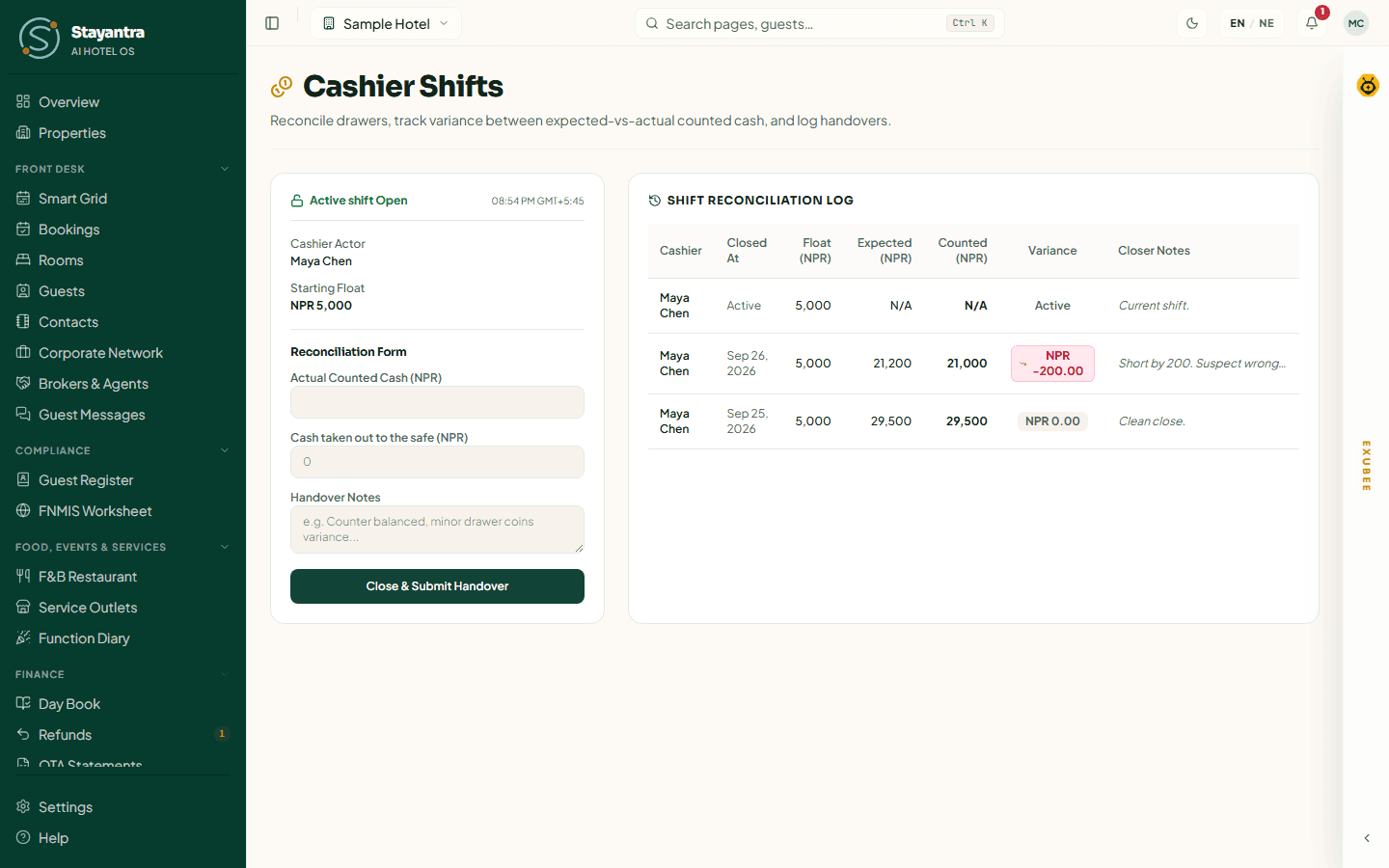 Cashier Shifts with an open shift and the reconciliation form