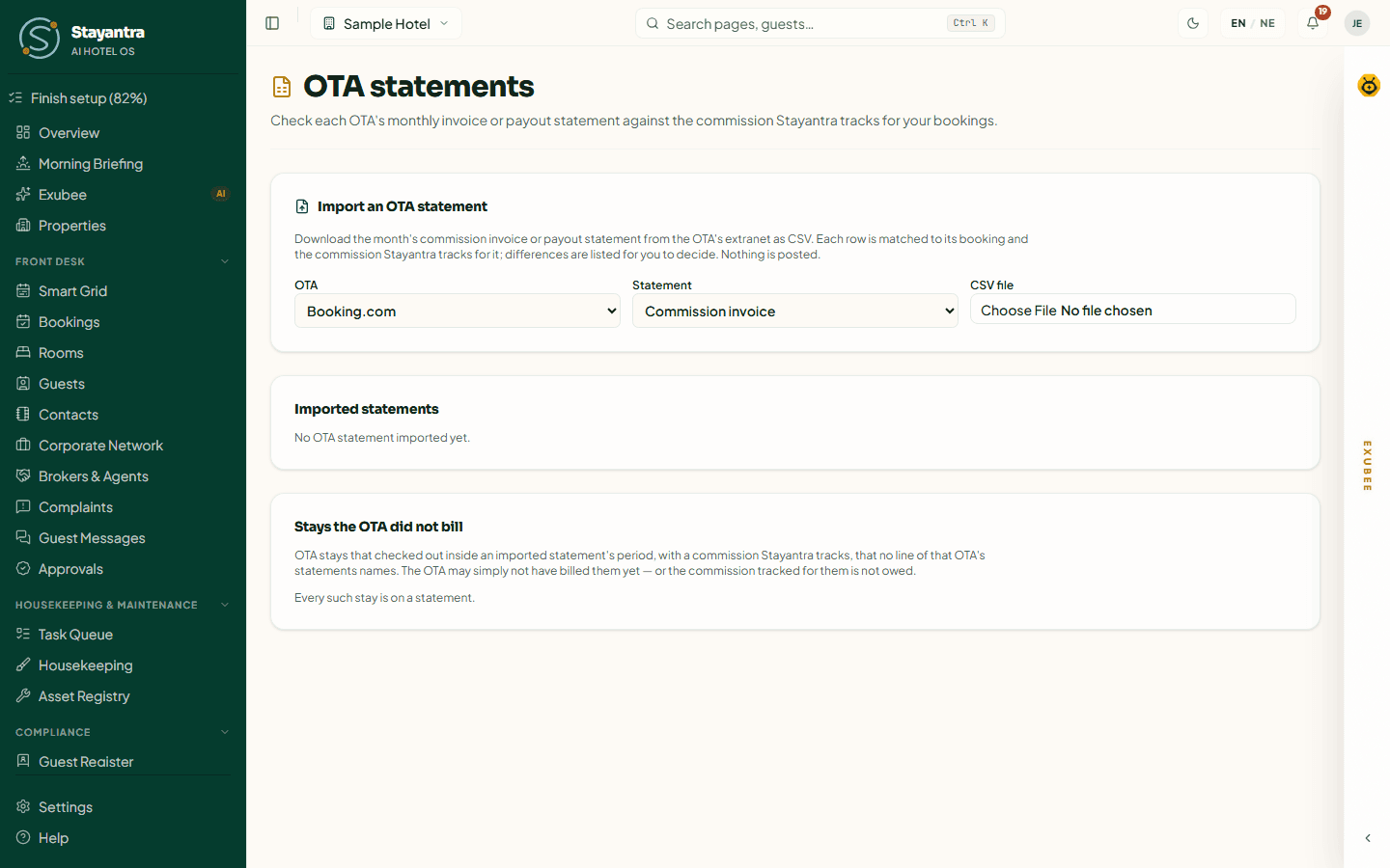 Importing an OTA statement with the column mapping and sample rows