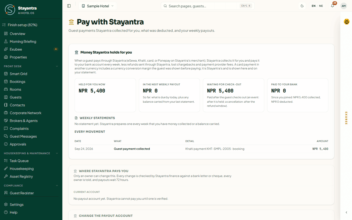 Pay with Stayantra with the balance held, the next payout and the ledger