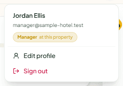 The account menu with the signed-in name, the role at this property, Edit profile and Sign out