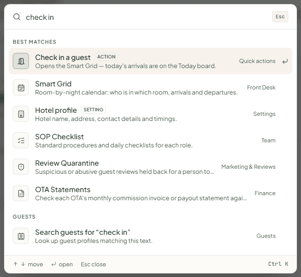 Search open with results for "check in"