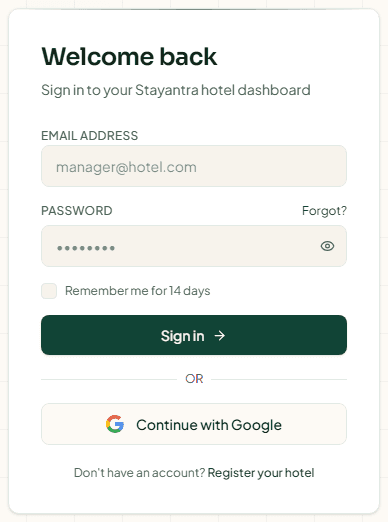 The Stayantra sign-in page with email, password, Remember me and Continue with Google