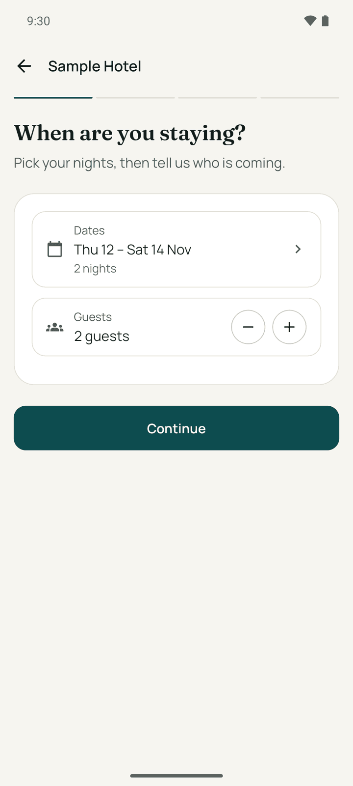 When are you staying? with the dates and the number of guests
