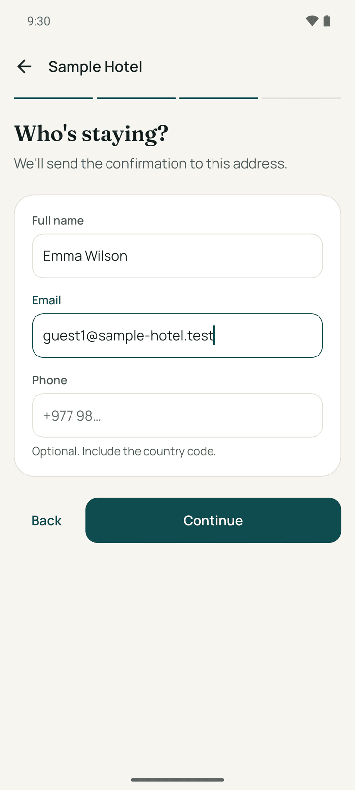 Who's staying? with the full name, email and phone