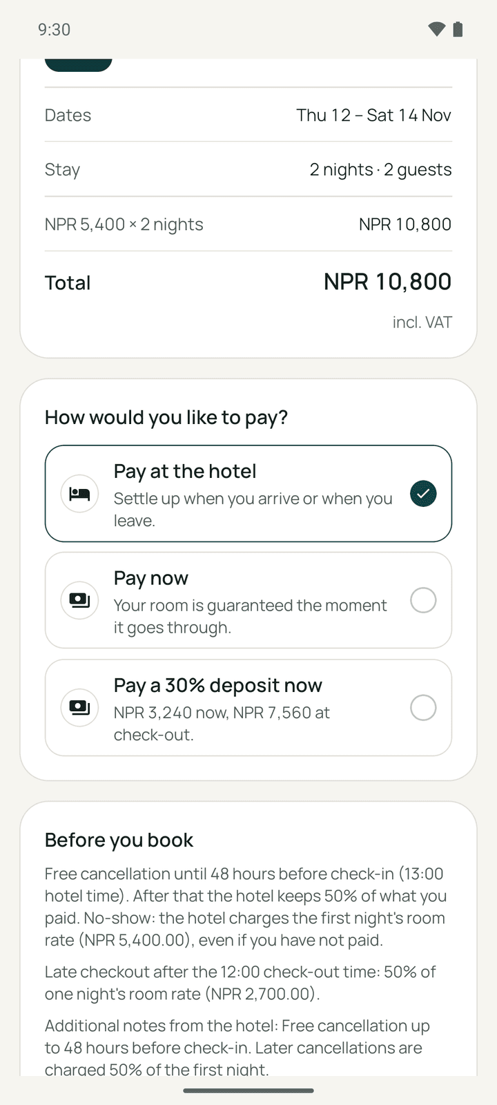 The payment options: pay at the hotel, pay now, or pay a 30% deposit, then Before you book