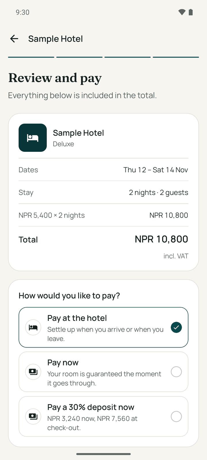 Review and pay: the receipt for two nights in a Deluxe room, and the payment options