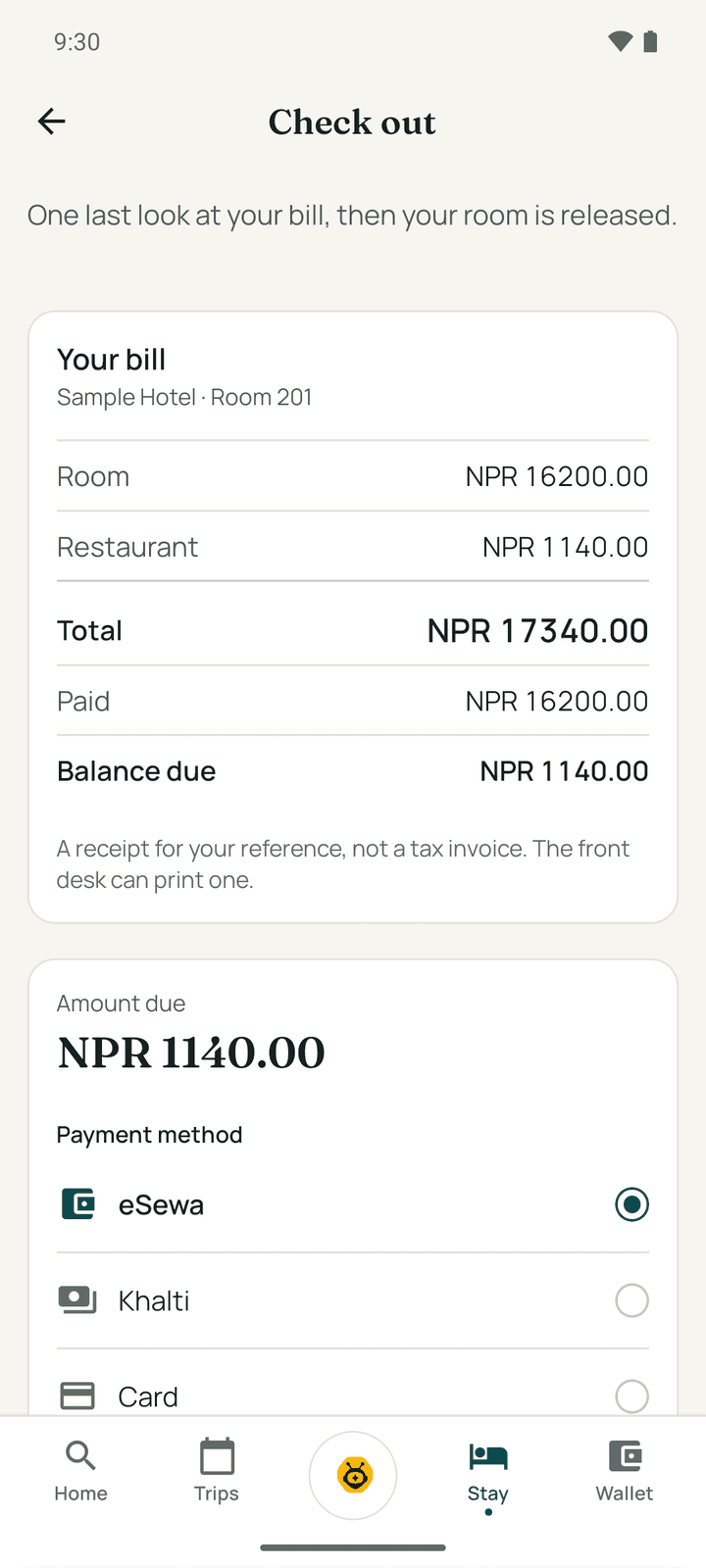 Check out: the final bill with the total, paid and balance