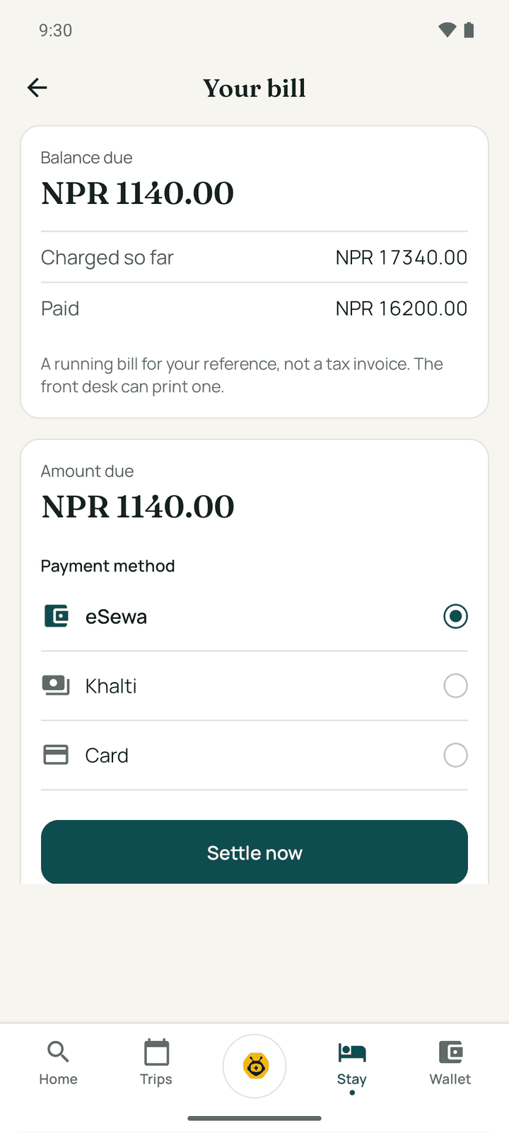 Your bill: balance due, charged so far, paid, and the charges by day