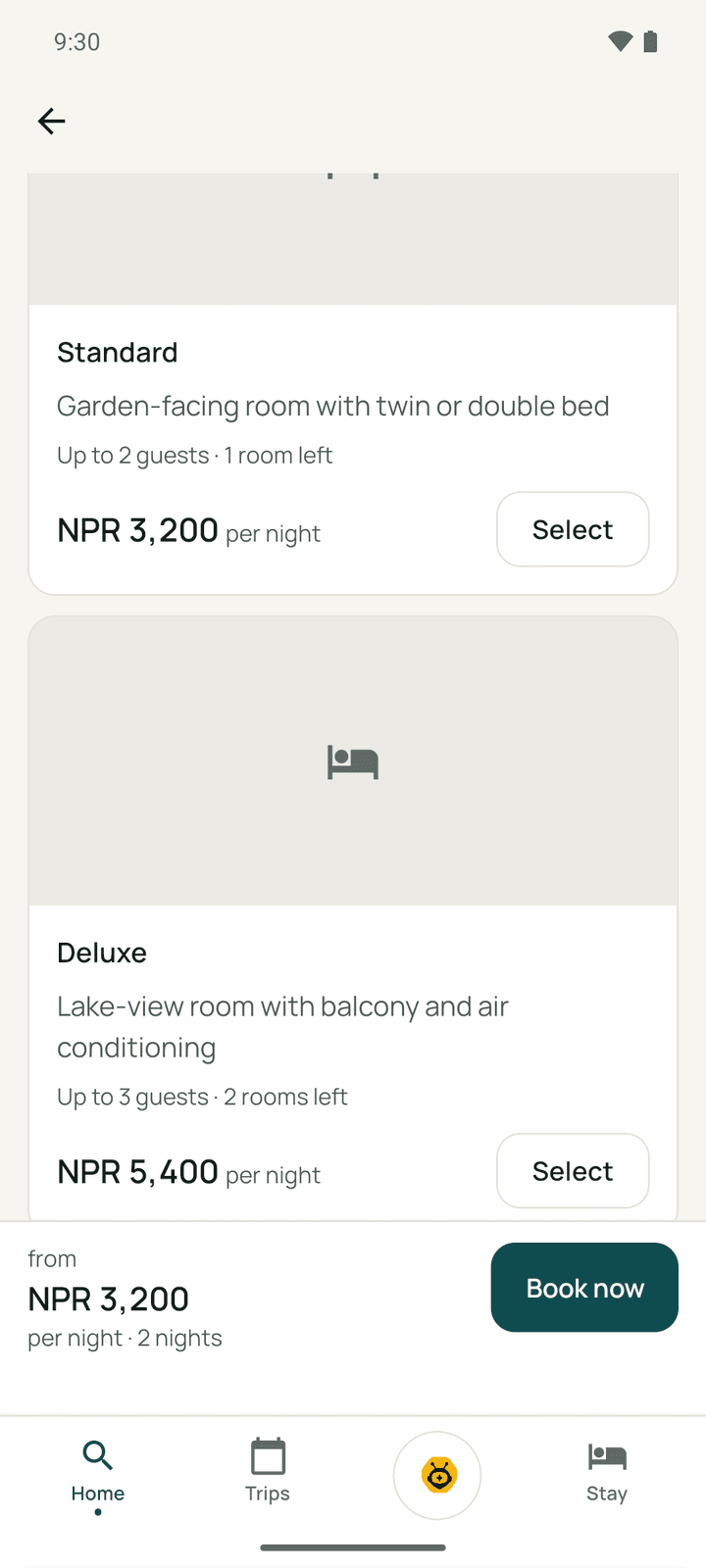 The hotel's rooms for the chosen dates, each with its price per night, how many are left and Select