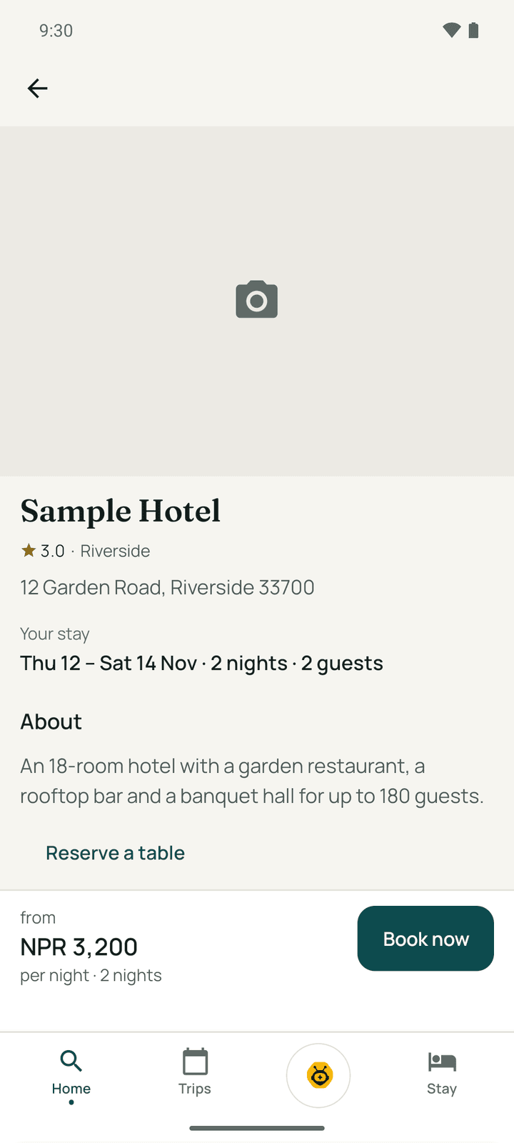 A hotel's page with photos, the rating, About and the rooms available