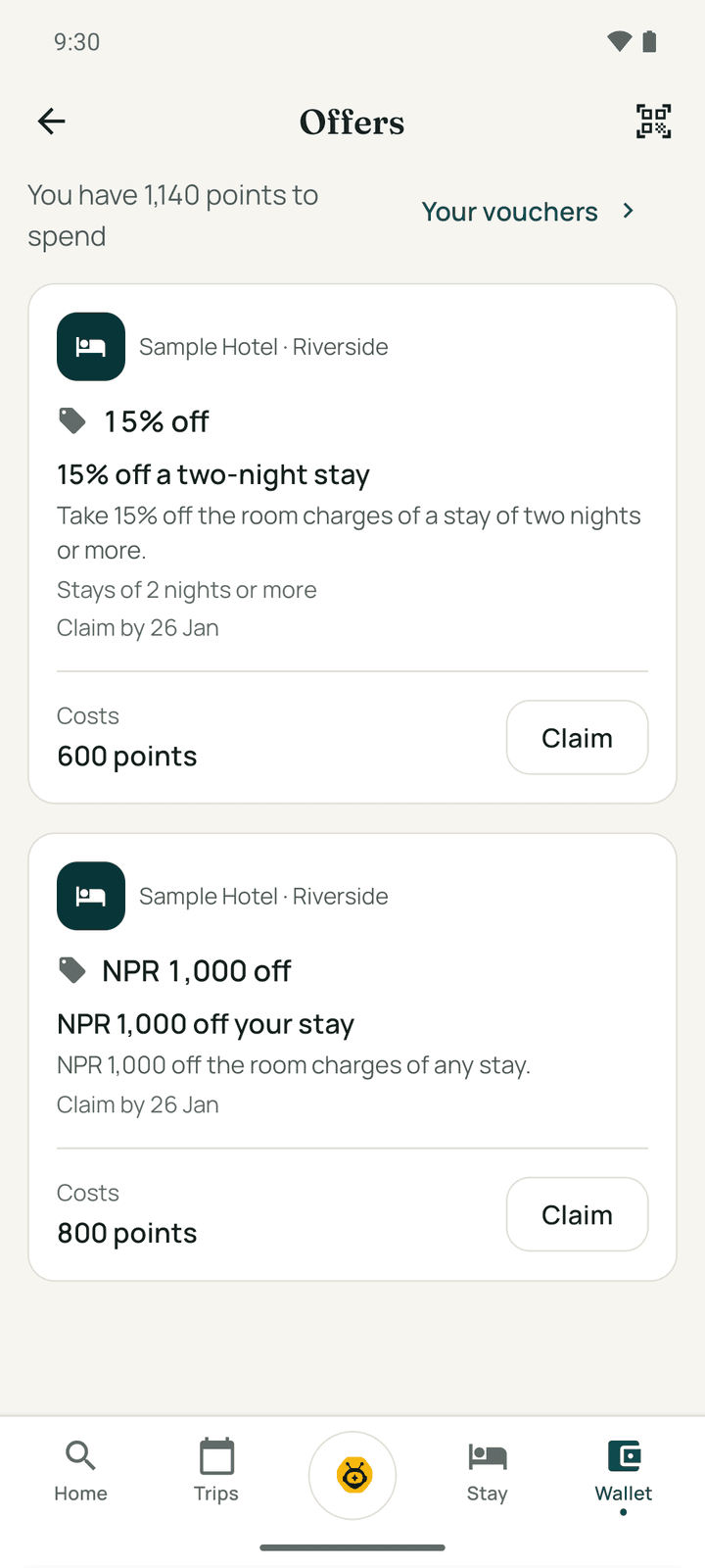 Offers: two Sample Hotel offers with their points cost and Claim